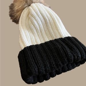 Black and Cream Beanie with Faux Fur Topper